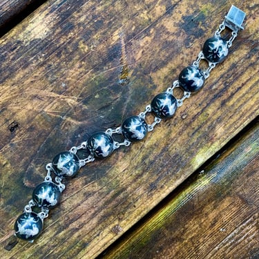 1940'S SIAM Bracelet - Sterling Silver - Filigree and Black Graphite Enamel Spheres - Traditional Goddess Dancer Images - 7-3/8 Inches Long 