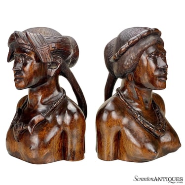 Vintage Balinese Tribal Figural Carved Mahogany Bust Sculptures - A Pair