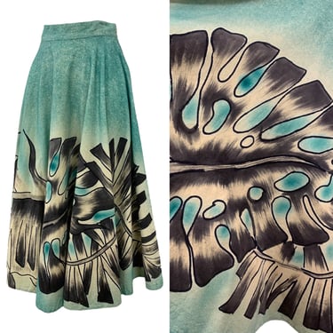 Vtg Vintage 1950s 50s Novelty Mexican OOAK Monstera Painted Circle Midi Skirt 