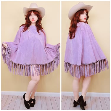 1990s Vintage Terry Lewis NWT Purple Suede Cape / 90s Pastel Lavender Fringe Leather Poncho / One Size 