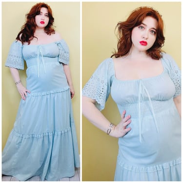 1970s Vintage Roberta Baby Blue Cotton Prairie Dress / 70s / Seventies Ethereal Tiered Flutter Sleeve Maxi Gown /Size medium 