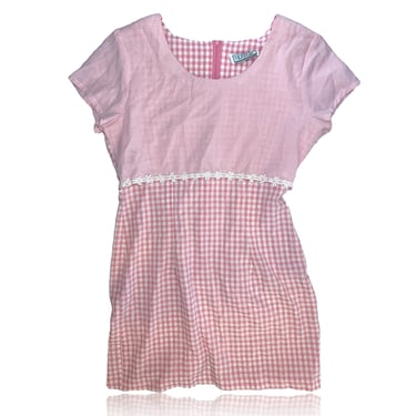 90s Pink Gingham Print Daisy Trimmed Mini Dress// A-Line // Tie-back / DBY // Size Large 