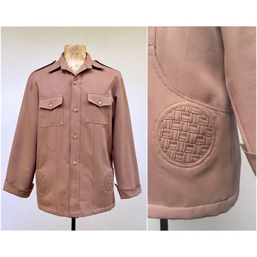 Vintage 1970s Men's Leisure Shirt Jacket, 70s Polyester Gabardine Casual Coat with Basketweave Pockets and Epaulets, Large 44