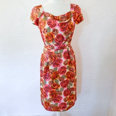 60s Abstract Hot Pink Orange Green Cream Floral Silk Wiggle Dress | Small 