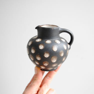 Vintage Ceramic Creamer with White Dots, Small Black Pottery Pitcher 