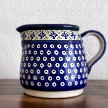 Boleslaweic Polish pottery pitcher, Vintage ironstone 32 oz milk pitcher, Cobalt blue & white polka dot, Open shelf decor 