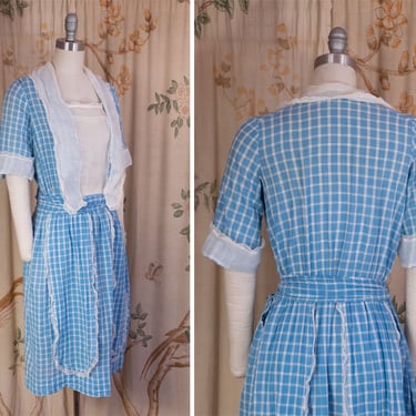 Late 1910s Set - Scarce Two Piece Late 1910s/Early 1920s Blue Cotton Gingham Ensemble with Organza Trim 
