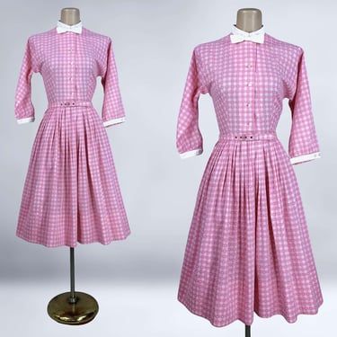 VINTAGE 50s Pink Gingham Day Dress with Bow Tie By Dress Town 38B/26W | 1950s Full Sweep Belted Shirtwaist Dress | VFG 