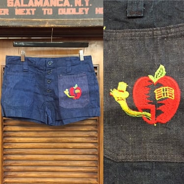 Vintage 1960’s Apple Embroidery Denim Shorts w33, Workwear Inspired, Vintage Shorts, Vintage Denim, Vintage Clothing 