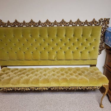 Vintage Headboard & Bench Hollywood Regency Glam Queen Bed Gold Filigree Upholstered French Provincial Baroque Boudoir Vanity Ornate 