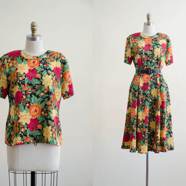 80s floral skirt and blouse set | vintage ditzy floral midi skirt and blouse set 