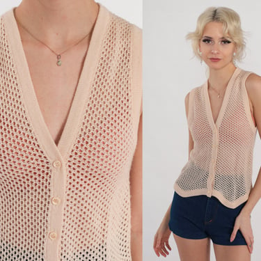 Beige Crochet Vest 80s Sheer Mesh Knit Tank Top Button up Sleeveless Shirt Open Weave Summer Hippie Vintage Vintage 1980s Extra Small xs 