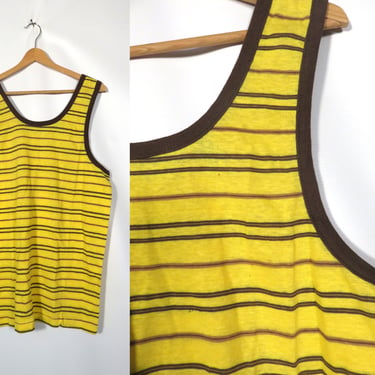 Vintage 70s Deadstock Yellow With Brown Stripes All Cotton Ringer Tank Top Tshirt Size XL 