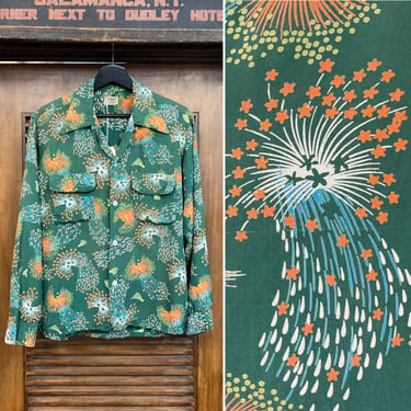 Vintage 1950’s Atomic Fireworks Rayon Hawaiian Rockabilly Shirt, 50’s Long Sleeve Hawaiian Shirt, Vintage Clothing 