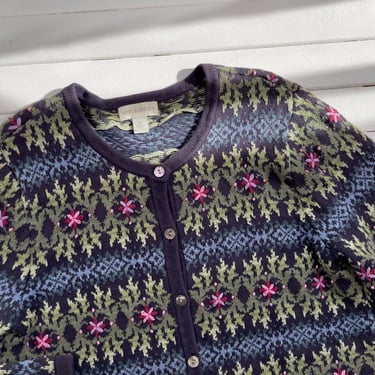 cute cottagecore sweater 90s vintage navy blue floral embroidered Fair Isle cardigan 