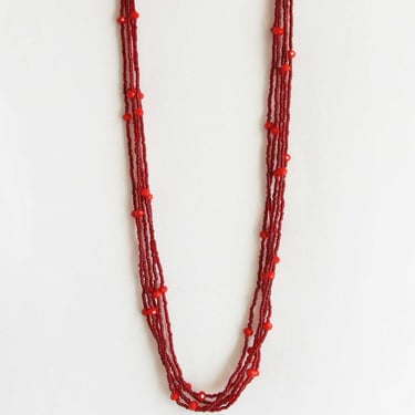 Vintage Blood Red Glass Long Beaded Necklace - Multi Strand with Small Beads Rope Length 38.5 Inches 