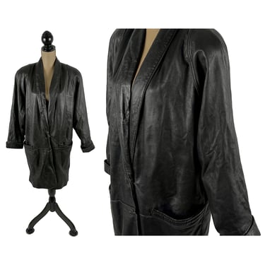 Vintage WILSONS Oversized Black Leather Coat Women, Round Shoulder Pad Dolman Sleeve 80s New Wave 90s Minimalist Trench Coat Medium to Large 