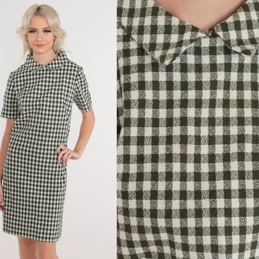 Gingham Dress 60s Mod Mini Dress Olive Green White Checkered Shift Pointed Flat Collar Short Sleeve Preppy Knit Dress Vintage 1960s Small S 