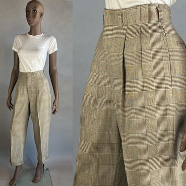 1940s Plaid Pants / Brown Glen Plaid Houndstooth Pleated Trousers / High Waisted Pants / Size Small 