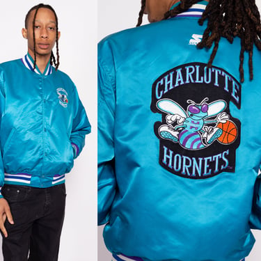 90s Charlotte Hornets Satin Starter Jacket - Men's Medium | Vintage NBA Basketball Teal Snap Button Varsity Bomber Coat 