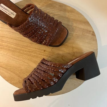 Vintage 90s Brown Genuine Leather Woven Square Toe Chunky Sandal Size 10.5W 