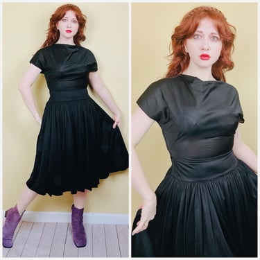 1960s Vintage Black Poly Knit Fit and Flare Dress / 60s Drop Waist Cocktail Gown / Size Small - Medium 