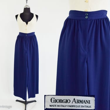 Giorgio Armani | 1990s Navy Wool Gabardine Slacks | 90s Navy Wide Leg Pants | Armani | 44 