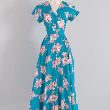 Vintage 1980's Turquoise & Pink Rose Cotton Dress by Carol Anderson / SM