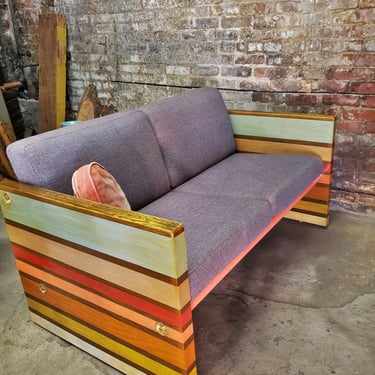 Mid Century Modern Couch  melds  bold Memphis Milano with a rustic  Bohemian  color scheme