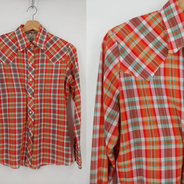 Vintage Seventies Wrangler Women's Colorful Plaid Pearl Snap Western Shirt - 70s Small Cowgirl Long Sleeve Button Up Top 