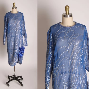 1970s 1980s Sheer Blue Silver Glitter Swirl Pattern Rose Hip Detail Patty Cocktail Long Sleeve Dress 