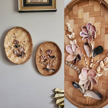 Vintage Hand Made Shell Flowers on Bamboo Trays Wall Hangings 60s Home Decor 60's Shell Art 