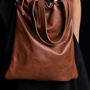 Cognac Drawstring Leather Tote Bag