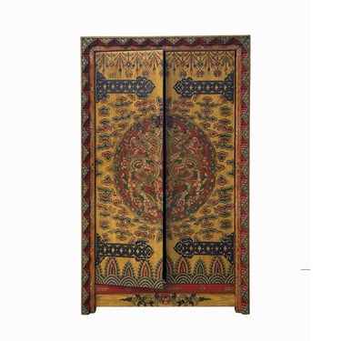Chinese Tibetan Dragon Flower Yellow Graphic Tall Armoire Wardrobe Cabinet cs7683E 