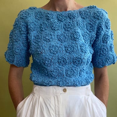 vintage soft blue crochet knit blouse medium 