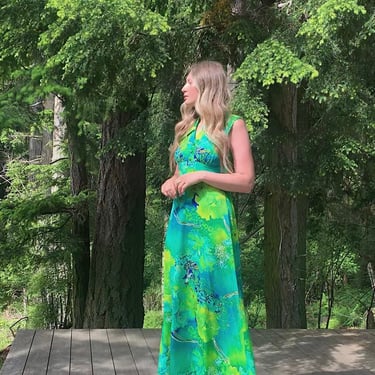 60s Psychedelic Floral Hawaiian Dress | Liberty House Neon Day Glow Maxi Dress 