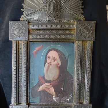 Antique 1800's Saint Francis of Paola Retablo in Large 30 Inch Tin Nicho,  Oil on Tin Santo de Caridad, San Francisco, Religious Painting 
