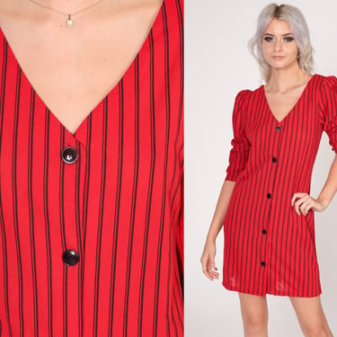 Red Striped Dress 80s Button up Mini Dress Puff Sleeve V Neck Black Pinstripe Pencil Shift Retro V-Neck Cocktail Party Vintage 1980s Small S 