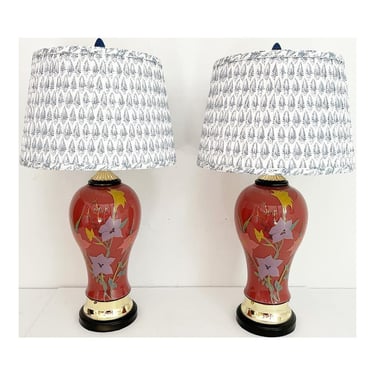 1970s Floral Vase Lamps & Shades - a Pair 