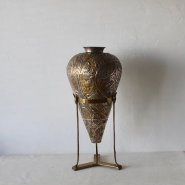 Maison Jansen Style Indo-Persian Hand-etched and Embossed Large Freestanding Brass Flower Floor Vase with Stand 