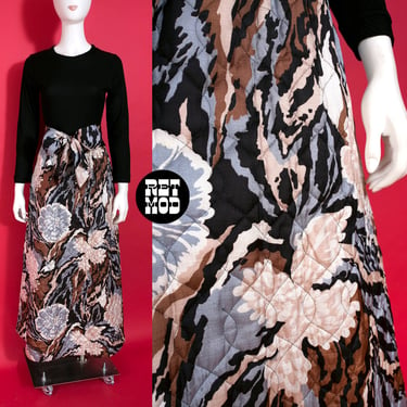 Cool Vintage 70s Black Brown Gray Psychedelic Floral Quilted Maxi Dress 