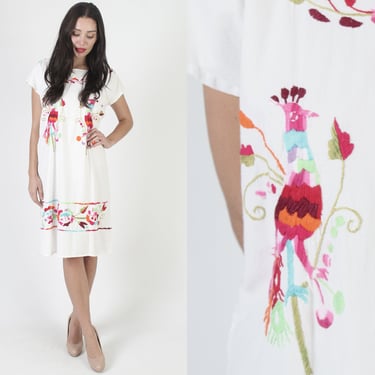 Made In Mexico Embroidered Birds Dress / White Cotton Mexican Cover Up / Floral Beachwear Vacation Shift Mini 