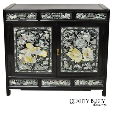 Vintage Korean Mother of Pearl Oriental Black Lacquer Oriental Cabinet