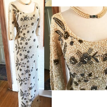 Dazzling Vintage 1960's  Hand sequined and  Hand Beaded "Gene Shelly" Designer Gown Cocktail Party Dress - Size Small / Medium 