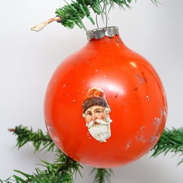Vintage 1940's Painted Un-silvered Glass with Santa Die Cut Christmas Ornament, Antique Retro Holiday Decor 