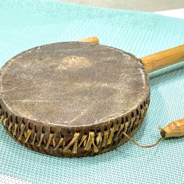 VINTAGE: Raw Hide Wood Handle Native Tribal Spin Drum Instrument Noise Maker - Twist Drum 