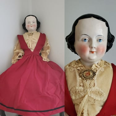 Antique China Head Doll with Winged Hairstyle - 26" Tall - Antique German Dolls - Collectible Dolls 