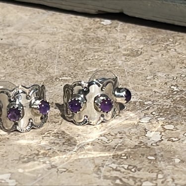 Vintage Native American Sterling Silver and Amethyst Curved Post Earrings with Stamp Work 