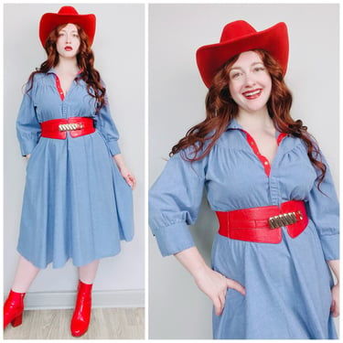 1970s Vintage Miss Oops Chambray Puffed Sleeve Dress / 70s Red Contrast Trim Fit and Flare Western Dress / Size Large 
