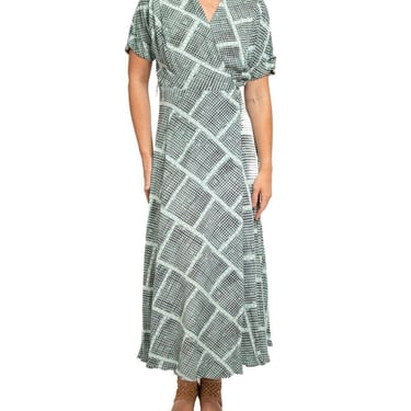 1940S Light Blue & Black Cold Rayon Geometric Print Wrap Dress 